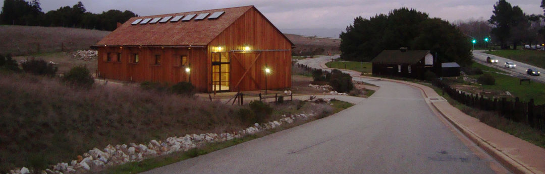 Photo of remodeled Hay Barn taken at evening.